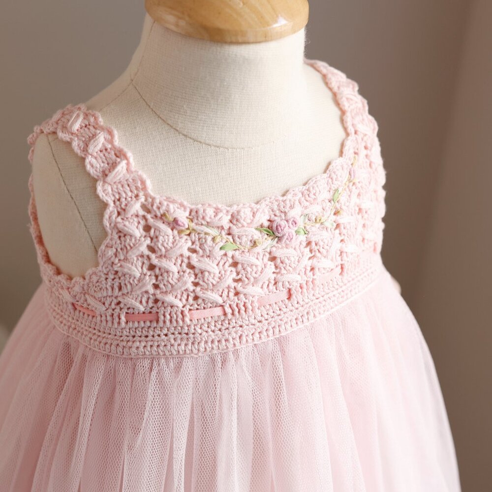 Pink Tulle & Cotton Crochet Boutique Couture Dress Special Occasion 12/18 Months